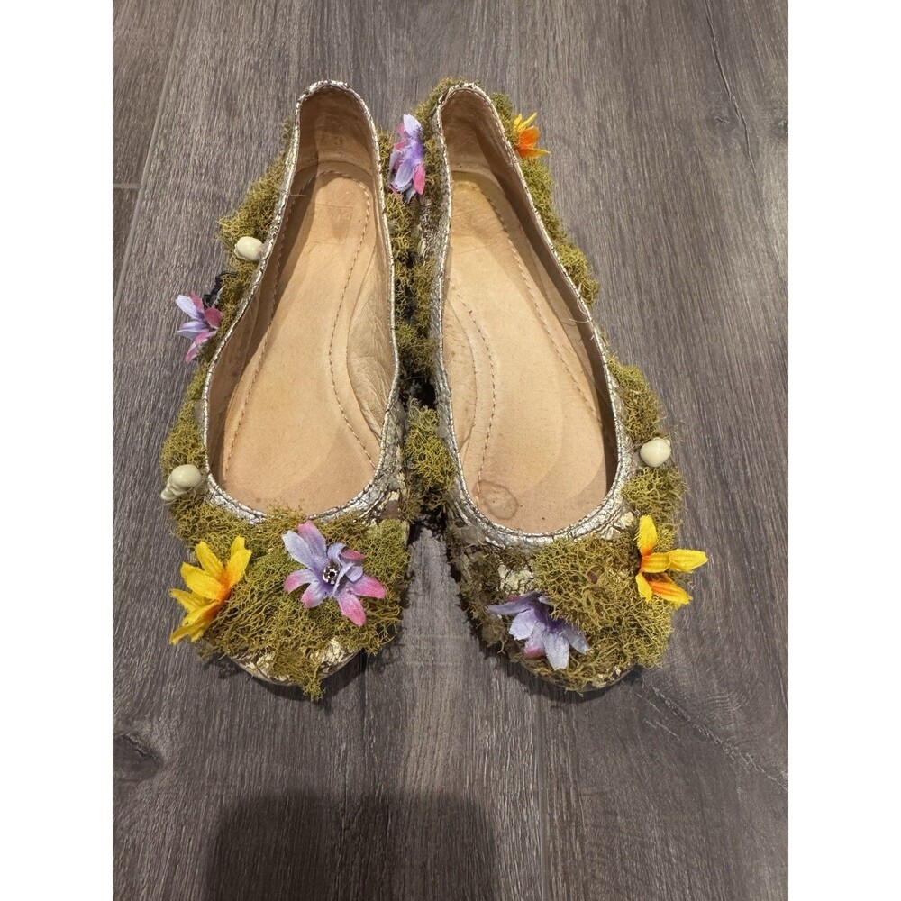 Frye Carson Ballet Flats Gold Leather Custom Moss Floral Skull Fairycore Shoes